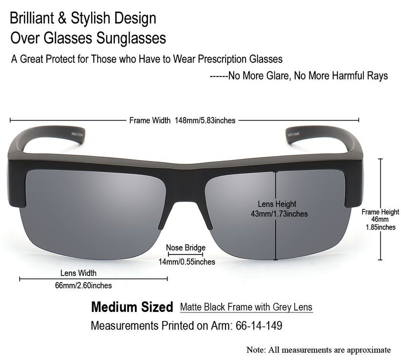 CAXMAN Wear Over Glasses Sunglasses Polarized Lens for Prescription Glasses, Medium Sized Half Frame, Matte Black Frame Black Lens - Image 1